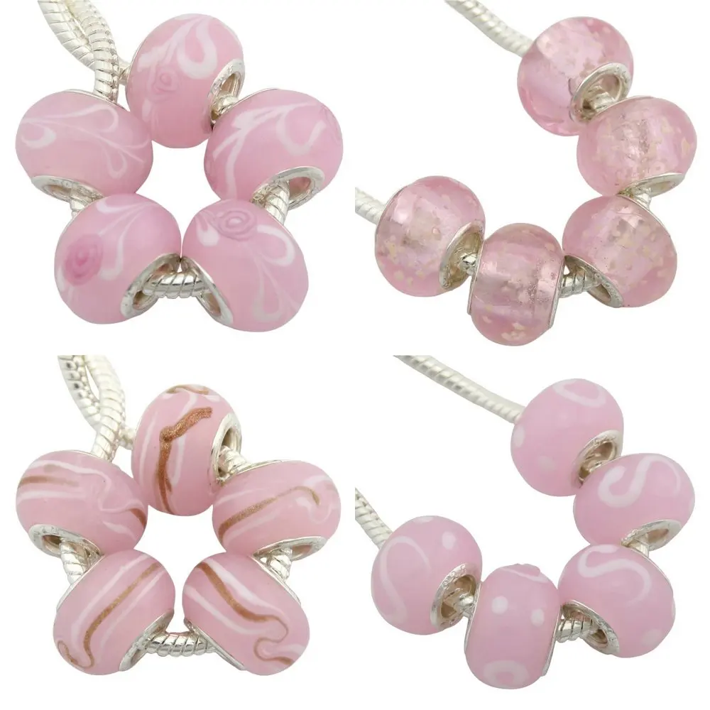 5pcs /Lot Pink Murano Glass Lampwork Beads Handmade Big Hole For European Charm Bracelets & Bangles Jewelry DIY G8