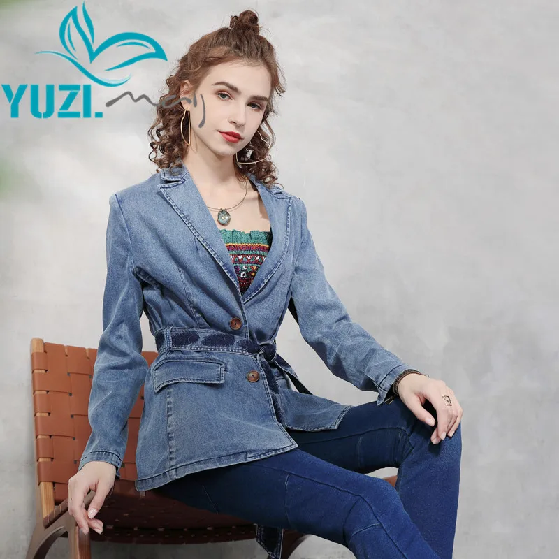 Jackets For Women 2021 Yuzi.may Boho New Denim Woman Coats Long Sleeve Detachable Belt Singble Breasted Jacket B9322