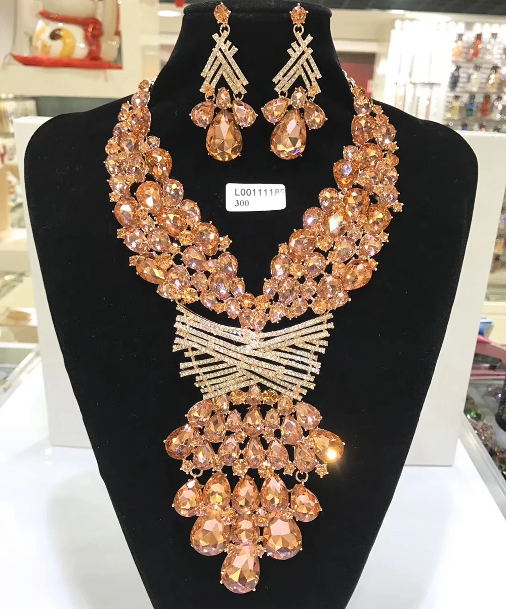 Jewelry Sets Multicolor Bridal Wedding Big Crystal Dubai Gold Color Jewelry Sets For African Women Necklace Earrings