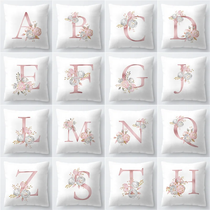 Pink Letter Decorative Floral Pillow Gold Alphabet Cushion for Sofa Polyester Pillowcase Decoration Salon