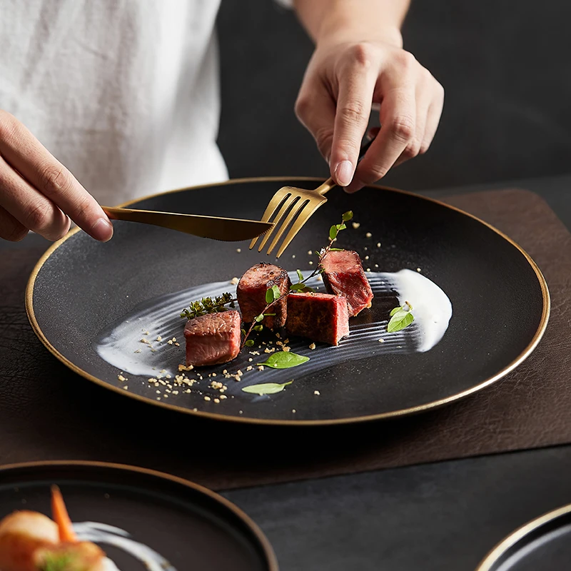 Frosted Black Ceramic Dinner Plate with Gold Border Round Steak Plate Hotel Restaurant Tableware Set Kitchen Utensils Porcelain