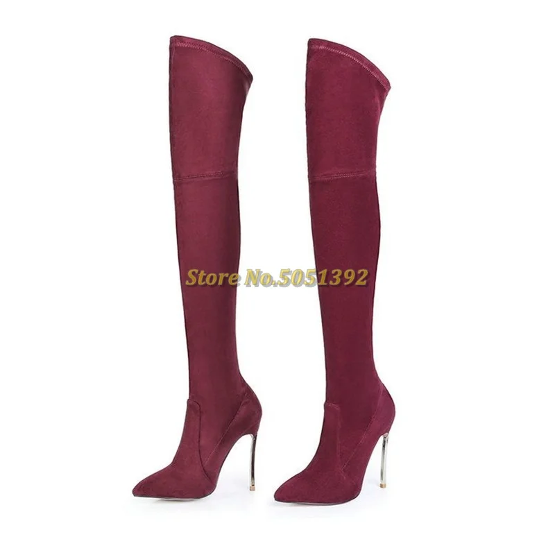 

Suede Thin Highs Heel Long Boots Woman Pointed Toe Look Slim Elastic Zip Over The Knee Cold Day Shoes Concise Fashion