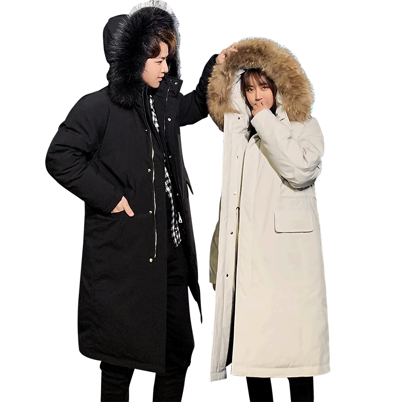 두껍고 차가운 남성 다운 재킷 후드 코트, 길고 패셔너블 한 브랜드, 커플용 두껍고 차가운 겨울 코트, 큰 모피 따뜻한 코트, 2021 년 신상품