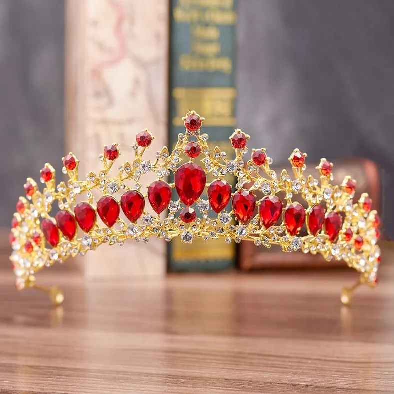 Fashion Baroque Magnificent Big Red Crystal Bridal Tiaras Wedding Crown for Bride Pageant Headbands Wedding Hair Accessories