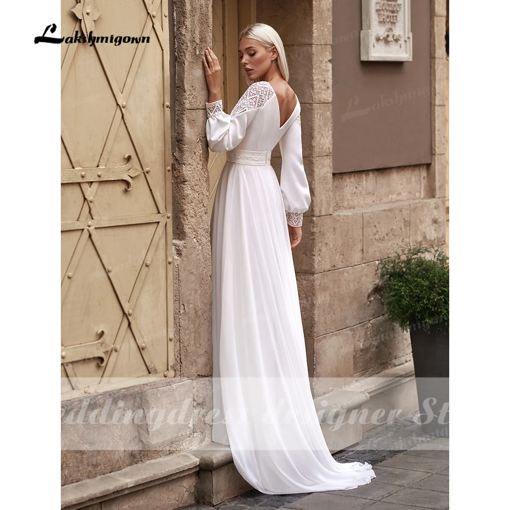 Robe de mariée à manches longues en mousseline de soie, style Boho, simple, col en V, coupe trapèze, pour la plage, 2024