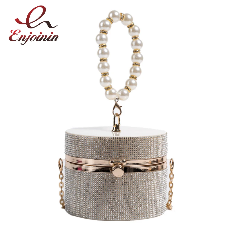 Diamond Acrylic Round Party Clutch Evening Bag for Women Pearl Handles Female Purses and Handbags Small Shoulder Crossbody Bag