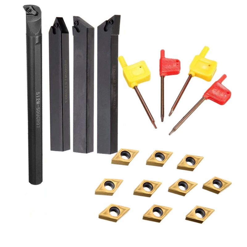 10 pçs dcmt07 carboneto de inserção lâminas + 4 pçs torno torneamento ferramenta titular conjunto 4 pçs chave para torno torneamento ferramenta máquina ferramenta conjuntos