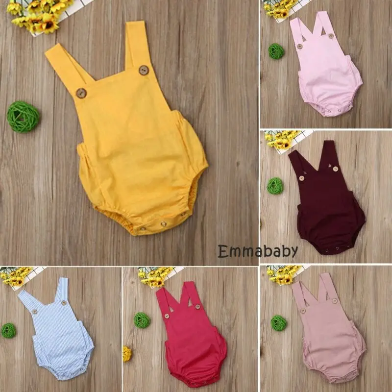 Newborn Infant Baby Boy Girl Playsuit Summer Button Jumpsuit Striped Casual Sleeveless Backless Solid Outfits Clothes