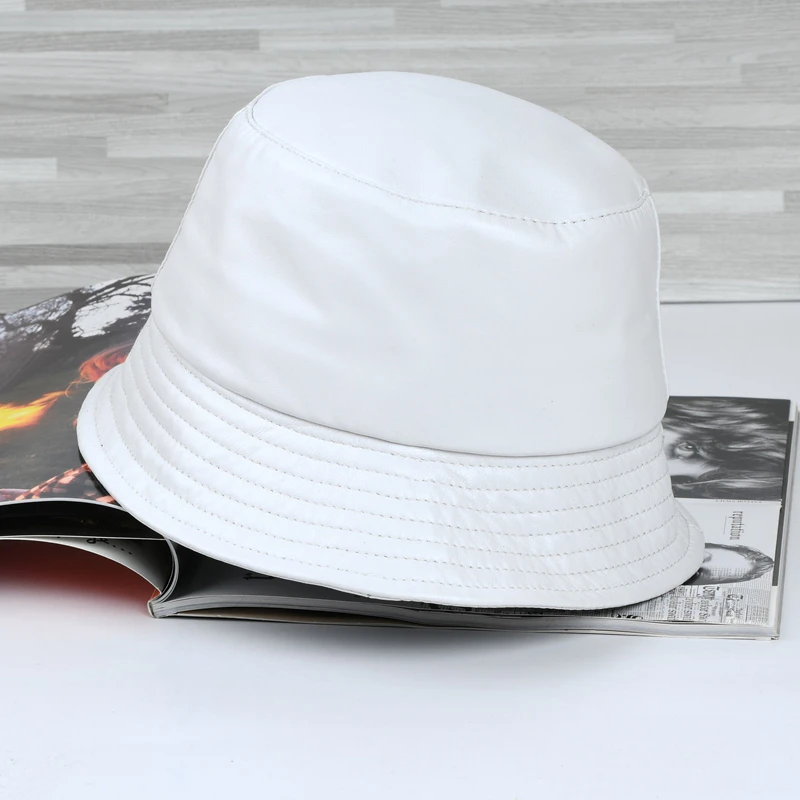 New Hat Women Genuine Real Leather Fisherman Hat Female Japanese Autumn Winter Fashion Bucket Hat Korean Sheepskin Cap White