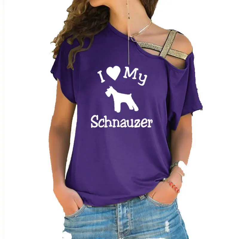 I Love My Dog Schnauzer Pet Print Funny T Shirt Short Sleeve Women Irregular Skew Cross Bandage cotton tees