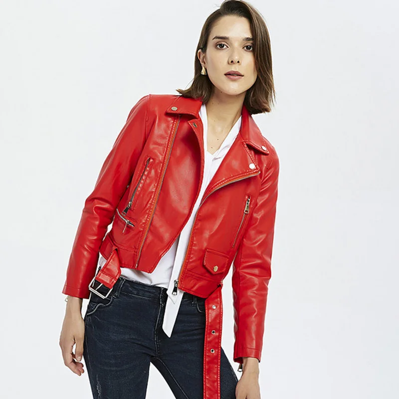 

Ladies Faux PU Leather Jacket New Fashion Spring Autumn Black Red Coat Women Slim Moto Biker Jacket Female Jaquetas Feminino