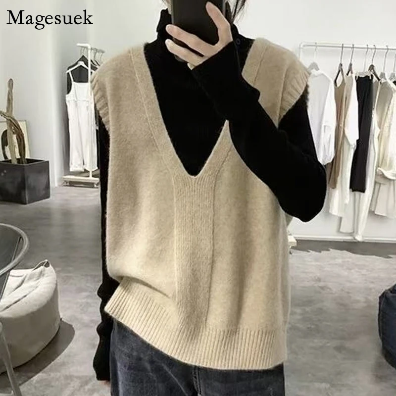 

V-neck Sleeveless Women's Sweater Vest Autumn Loose Cashmere Knitted Pullover Sweater Vests Female Retro Casual Sweaters 16475