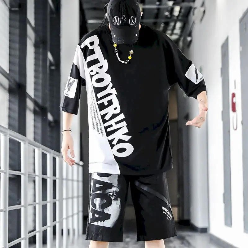 Men\'s Suits Sports Youth Casual Men Clothing Set Loose Oversized T-shirt Sweatpants Brand Korean Trend Hip-hop Two Piece Sets