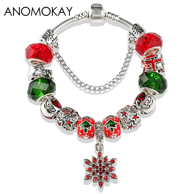 Dropshipping Snowflake Santa Claus Tree Christmas Charms Bracelet Red Crystal Bracelet Jewelry Silver Plated Charms Xmas Gift