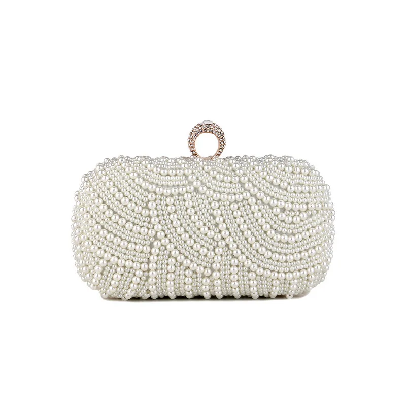 Beaded Women Evening Bags Pearl Finger Ring Day Clutch Wedding Bridal Handbags Full Pearl Embroidery Holder Purse