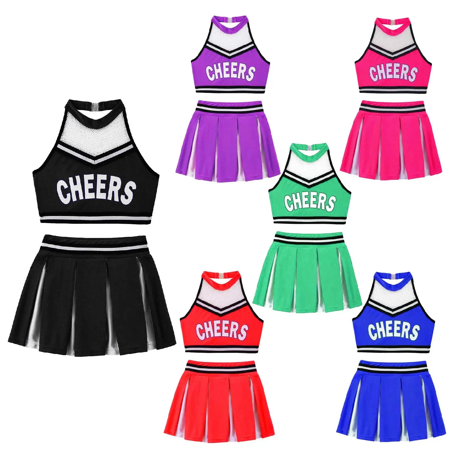 Kids Girls Cheerleader Uniform Dance Costumes Halter Mesh Patchwork Cheers Print Crop Top with Pleated Skirt and Pompoms Sets