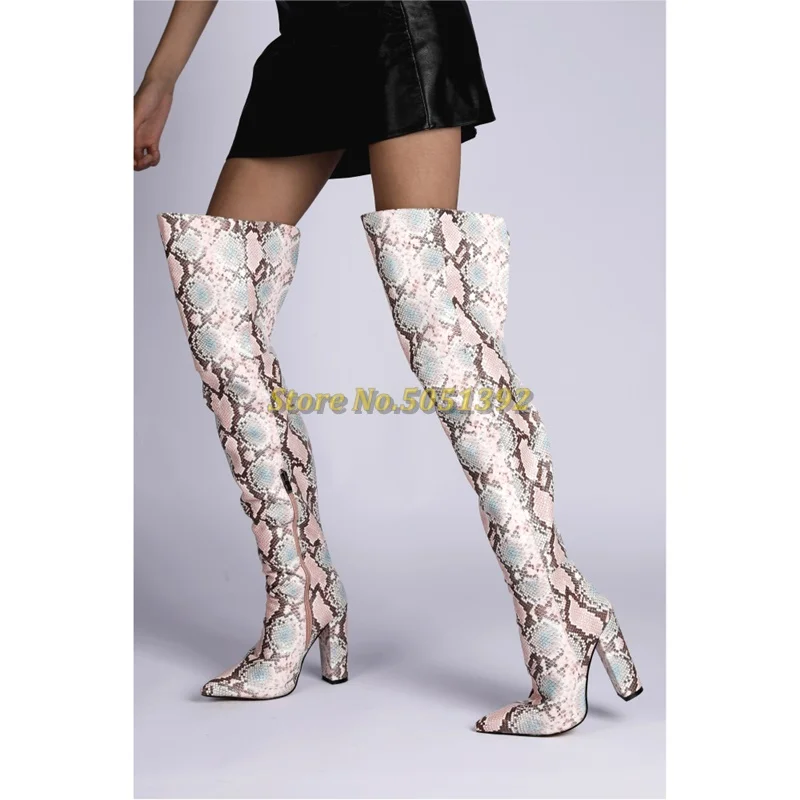 

Python Color Gray Woman Snake Skin Long Boots Pointed Toe Over The Knee Slim Thigh Boots Sexy Stiletto Heels Block Heel Shoes