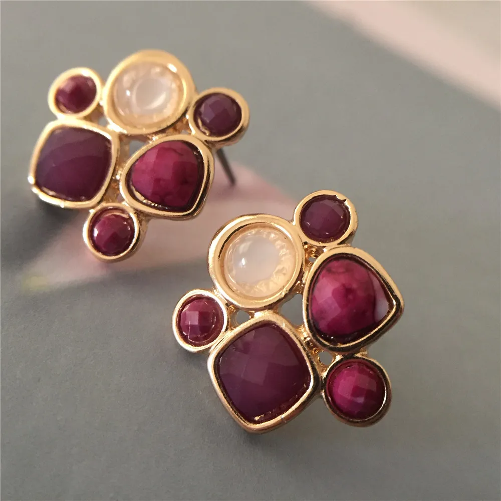 Elegant Gold Color Small Purple Burgundy Cream Stone Stud Earrings For Women Girl Office Lady Jewelry Dinner Party