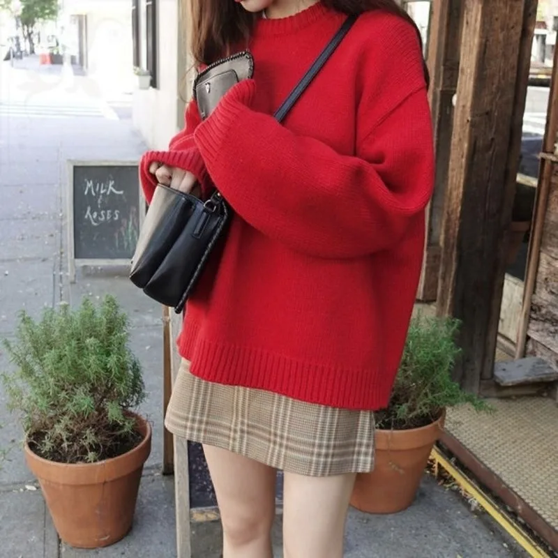 Pullovers Womems Autumn Red New Year Solid Loose O-neck Simple Long Sleeve Knitted Sweaters Casual Lazy Korean Style All-match