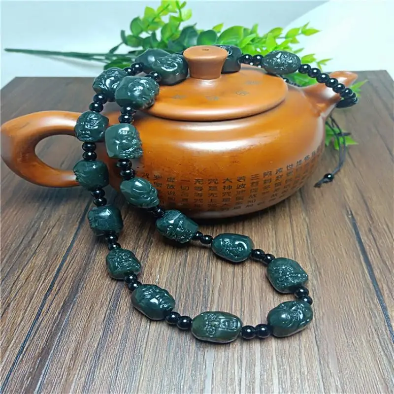 Xinjiang Hetian Jade Green Jade Buddhism Eighteen Arhats Necklace Pendant Chain Lanyard Men's and Women's Sweater Chain Gift