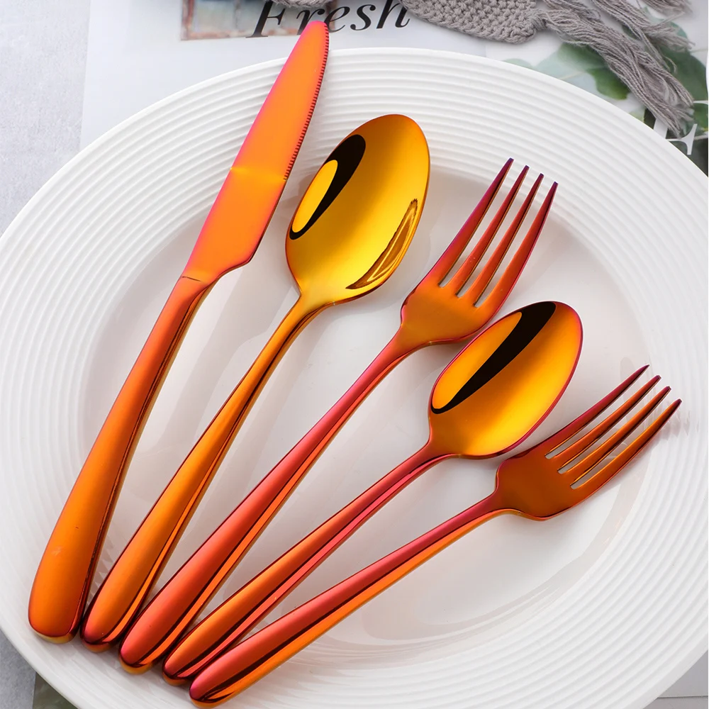 5Pcs/Set Rainbow Western Dinnerware Set Stainless Steel Knife Fork Spoon Rose Gold Cutlery Set Home Kitchen Dinner Tableware