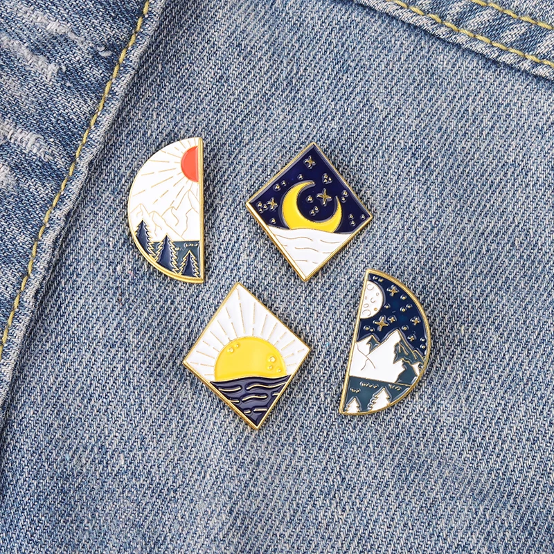 Sun Moon Star Forest Lake Enamel Pins Badges Outdoors Adventure Brooches for Women Cartoon Bag Lapel Pin Jewelry Gifts Wholesale