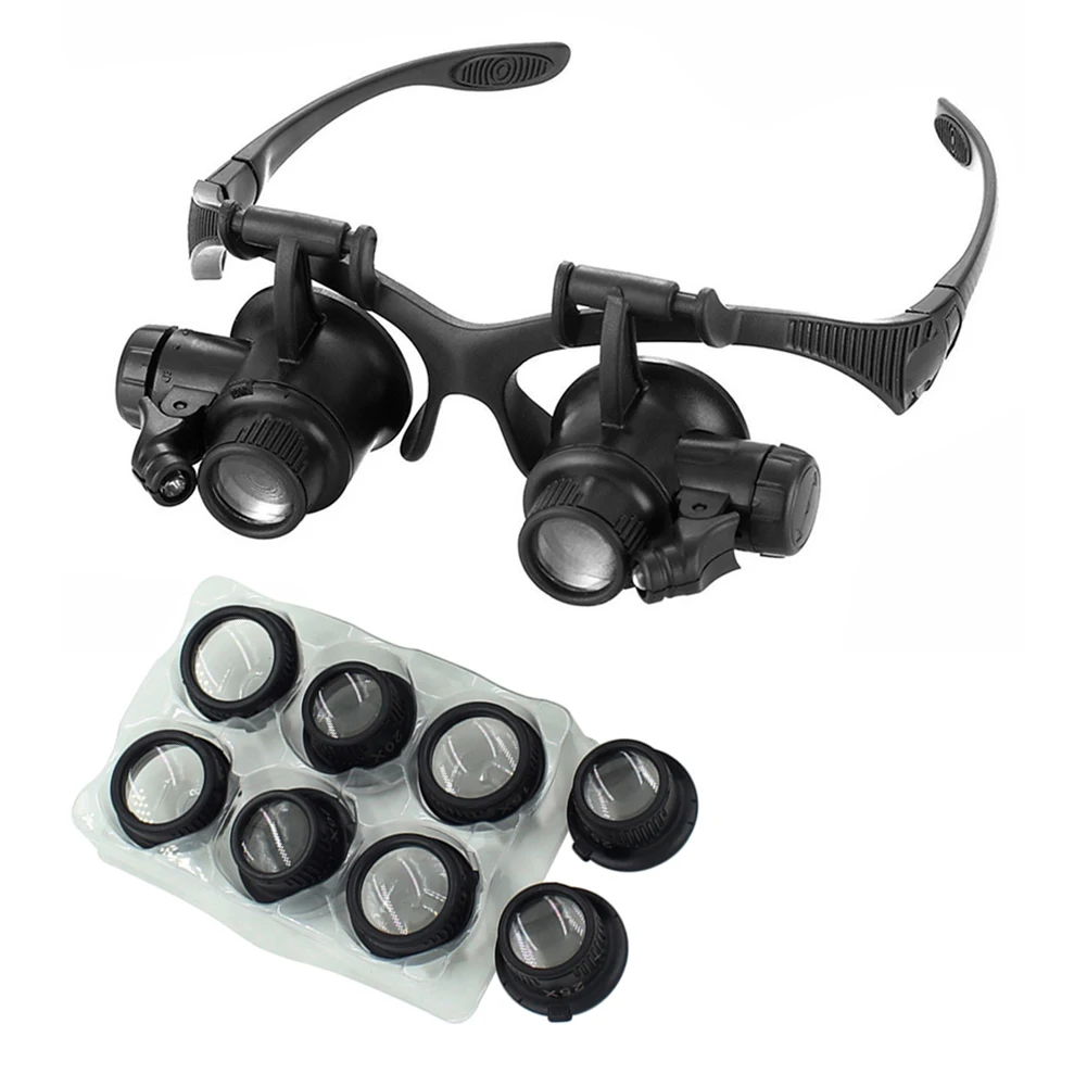 10X 15X 20X 25X Double Eye Loupe Head Wearing Magnifier Eye Glasses Loupes with LED Light Headband Jeweler Watch Repair Loupe