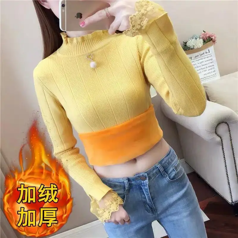 NEW Autumn Women Half Turtleneck Sweater Fashion Lace Stitching Long-Sleeved Knit Sweater Pullover Winter Warm Female Bottoming