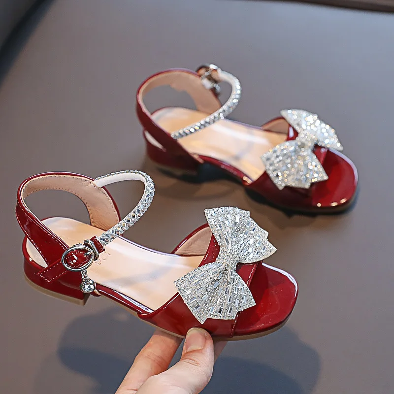 Children\'S Summer School Shoes For Girls Black Leather Sandals 2021 Kids Fashion Rhinestone Bow Sandals 3 5 7 8 9 10 11 12 Year