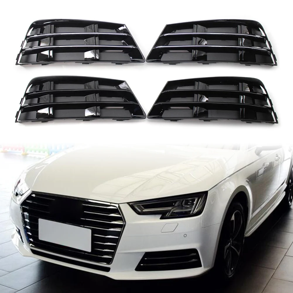 1Pair Car Front Bumper Fog Light Grille Cover Lower For Audi A4 B9 2016 2017 2018 Chrome/Black ABS Plastic LH + RH Side