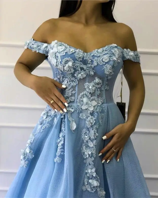 Licht Blau Off Schulter Appliques Prom Kleider 2021 EINE Linie Blumen Formale Abend Party Kleid Kleid Robe De Soiree