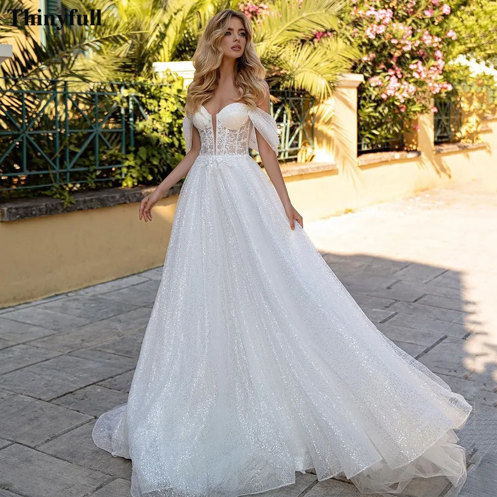 Thinyfull Vintage Shiny Tulle Lace Wedding Dresses Boho Off The Shoulder Beaded Bride Dress Corset Back Plus Size Bridal Gowns