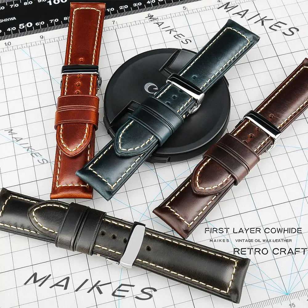 Maikes Handmade Genuine Leather Watchbands 18mm 20mm 22mm 24mm Universal Butterfly Buckle Watch Strap Brown Men Smart Watch Band