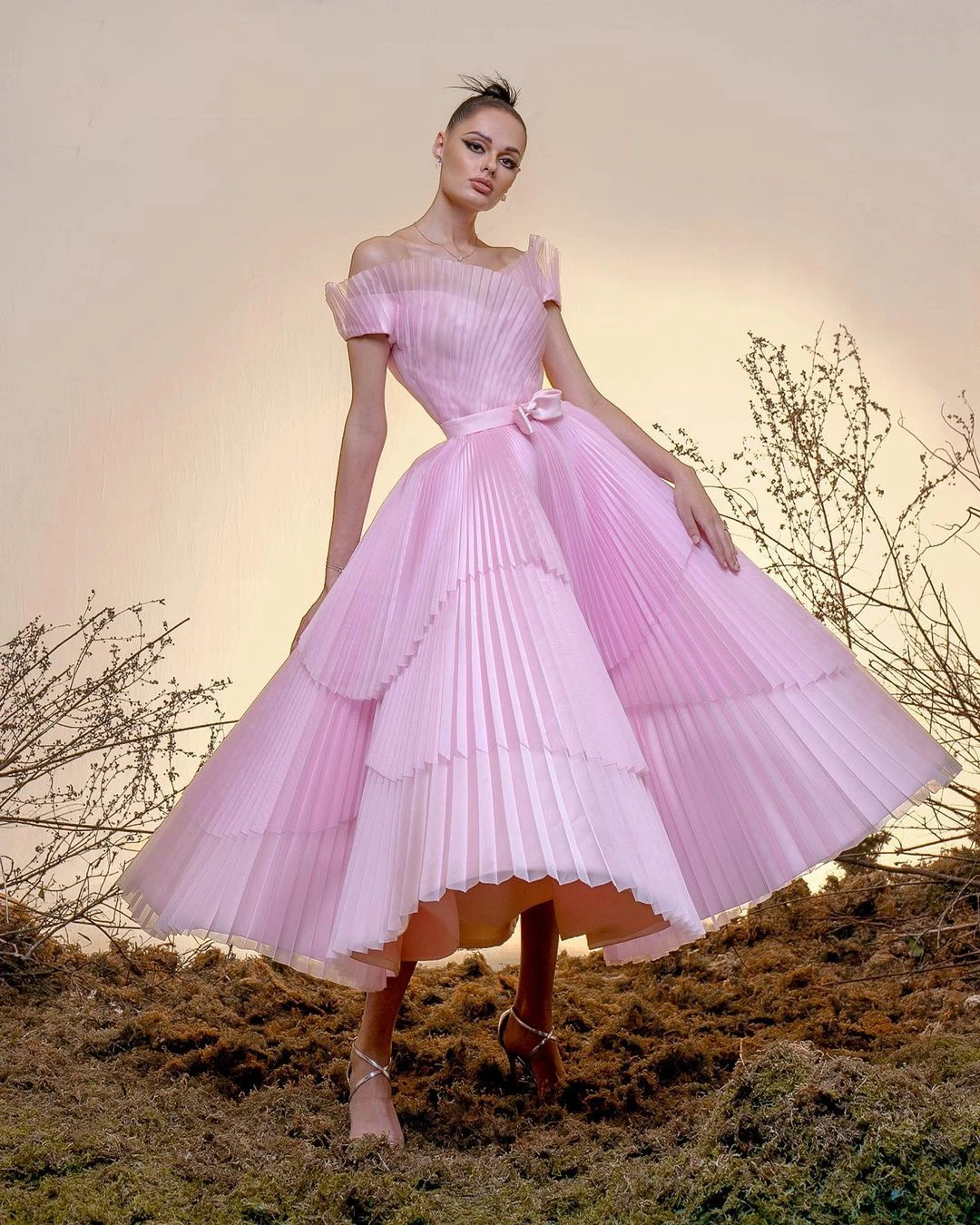 Fairy Baby Pink Off-The-Shoulder Sweetheart See-Through Prom Dress Bowknot Sash Ankle-Length Layered Mesh Ball Gown Formal Dress