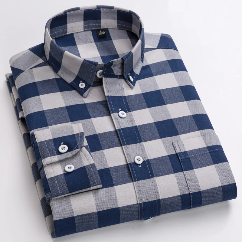 Casual Shirts Cotton Thick Men\'s Long Sleeves Plaid Shirt 100% Cotton Flannel Comfortable Button-down Shirts With Left Pocket