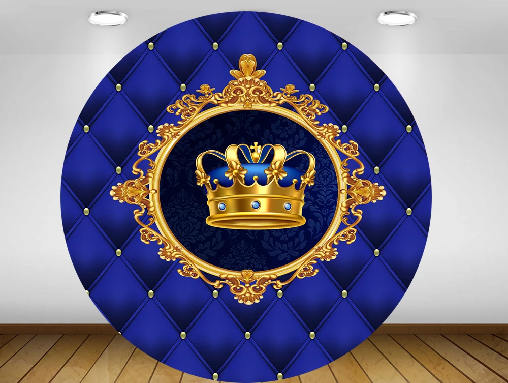 Round Panel Circle Background Royal Princess Prince Blue Pink Girl Boy Gold Crown Birthday Party Decor Baby Shower Polyester