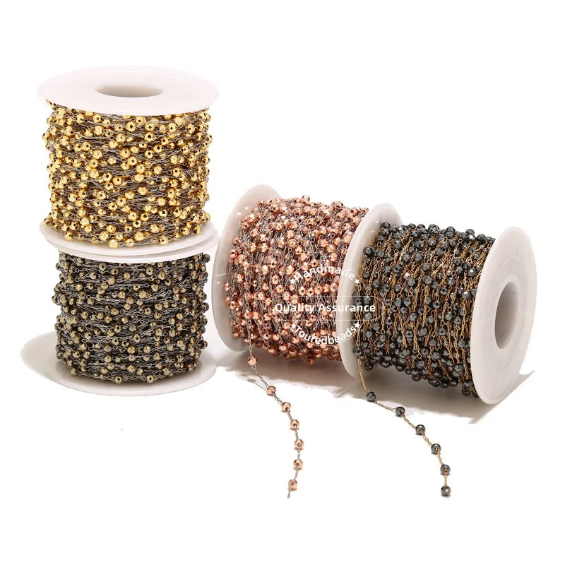 1M Handmade Faceted Hematite Beading Satellite Chains W/ 3mm Beads Stainless Steel Gold Dainty EyeGlasses Chain Jewelry Making