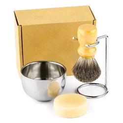 4in1 Shaving Brush Set Fine Badger Shave Brush Wood Handle + Stainless Steel Shaving Stand + Soap Cup + Soap for Men Wet Shave