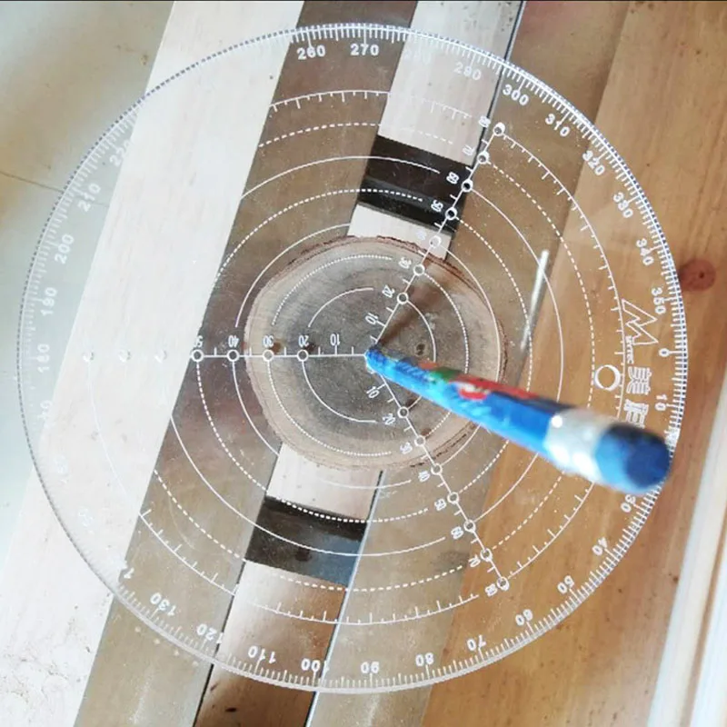 Regla de centrado de carpintería transparente, ángulo de 360 grados, línea central redonda, trazado, calibre de diseño, herramienta de bricolaje para carpintería