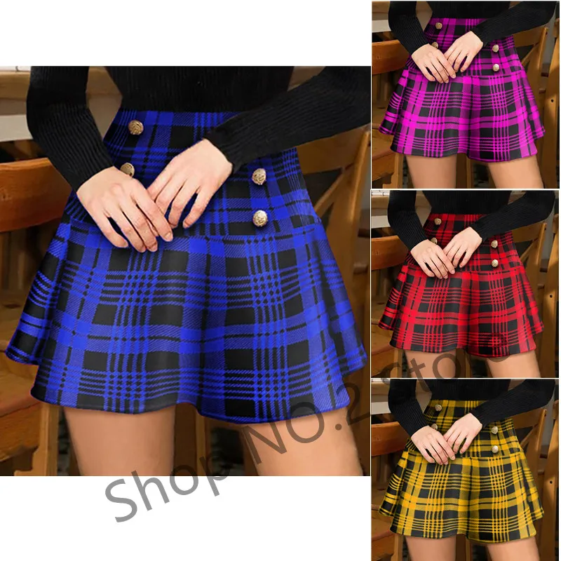 2021 Summer Plus Size Vintage Red Plaid Button Type High Waist Mini Skirts for Female Fashion Girly Skirt Casual Women Outfit