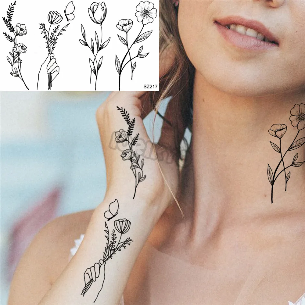 Minimalist Dandelion Temporary Tattoos For Women Girls Thorns, Lilies, Chrysanthemums, Fake Tattoo Stickers Leg Arm Tatoos Charm