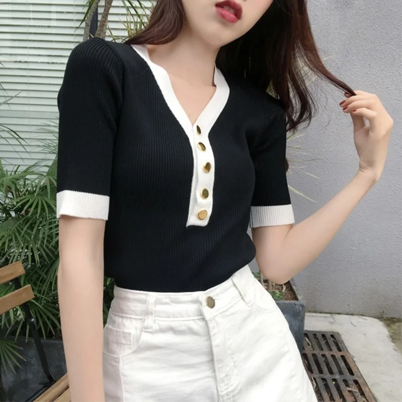 

V-Neck Summer Slim Fit Patchwork White Tops Office Ladies Elegant Knitting Short Sleeve Black T-Shirt Women Fashion Simple Tees