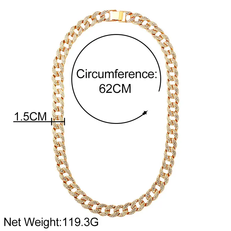 Hip Hop Paved Rhinestones Miami Cuban Chain Necklace For Women Men Bling Gold Silver Color 3 Size Cuban Collar Necklaces Jewelry