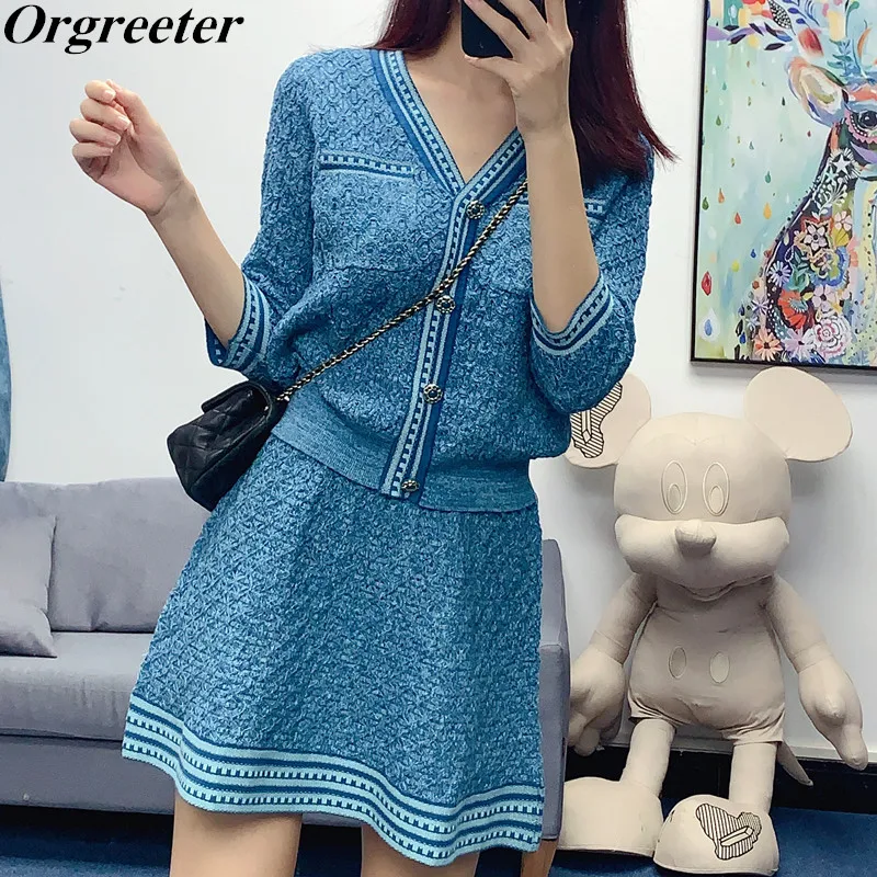 Sweater Matching Sets for Women Knit Two piece set Elegant V-neck 3/4 Sleeve Cardigan Tops+ A-line Mini Skirts Kniwear Suits