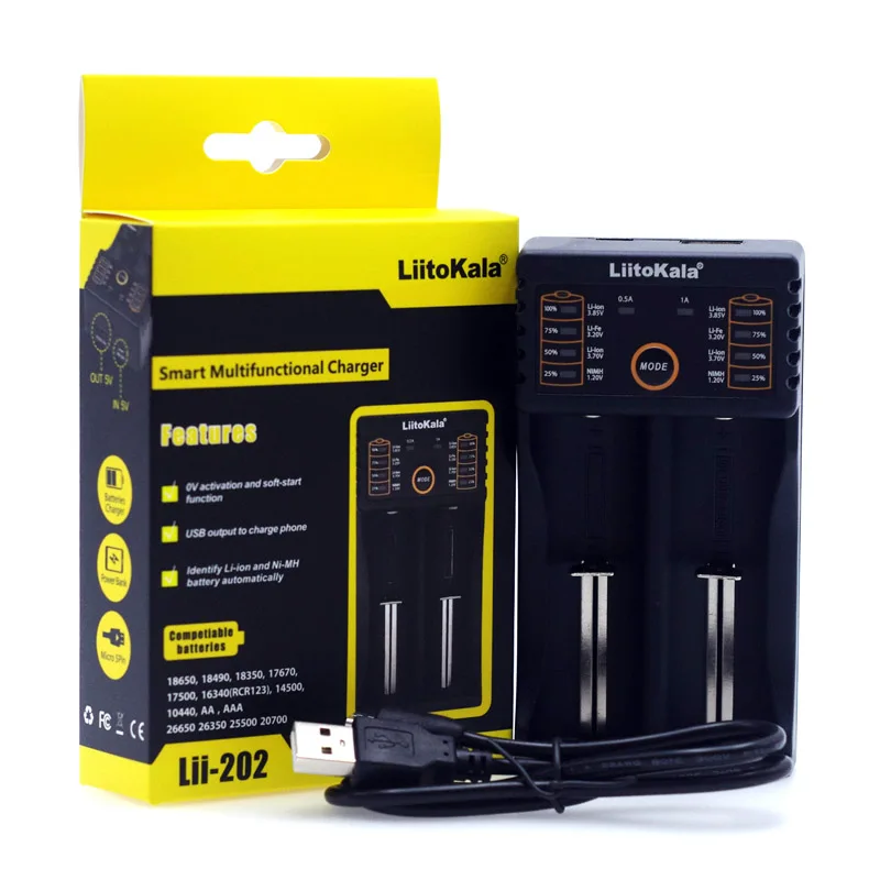 Liitokala Lii402/Lii-202/Lii-100/1.2V/3.7V 18650/26650/18350/16340/18500/AA/AAA NiMH แบตเตอรี่ลิเธียม5V 2A ปลั๊ก