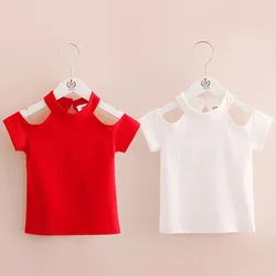 T-Shirt à Manches Courtes en Coton Rouge et Blanc pour Enfant Fille de 2, 3, 4, 5, 6, 7, 8 et 10 Ans, Vêtement de Plage sans Bretelles, Été 2024