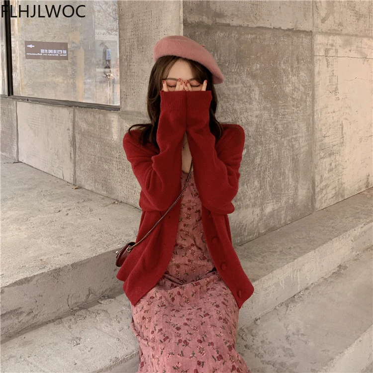 Chic Korea Feminine Vestidos Women New Year Red Matching Outfits Autumn Fall New Japan Girls Pink Long Cotton Corduroy Dress