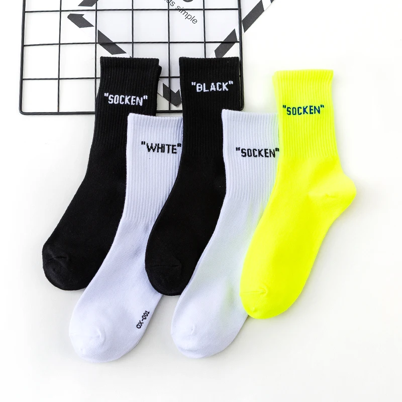 Street Fashion Baumwolle Erwachsene Mittleren Crew Socken Socken Schwarz Whie Ox 001 Fluorescein Lucifer Neon Gelb Täglichen Einfachen Brief Nette