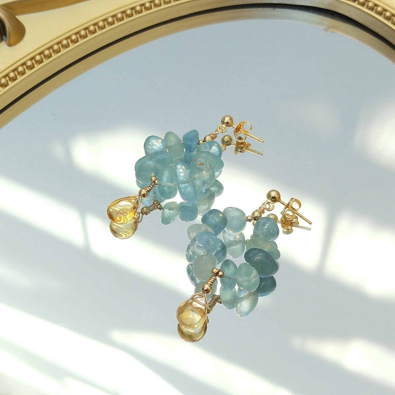 Lii Ji Natural Aquamarine Citrine 925 Sterling Silver Stud Earrings Gold Plated Exquisite Jewelry Femme Gift