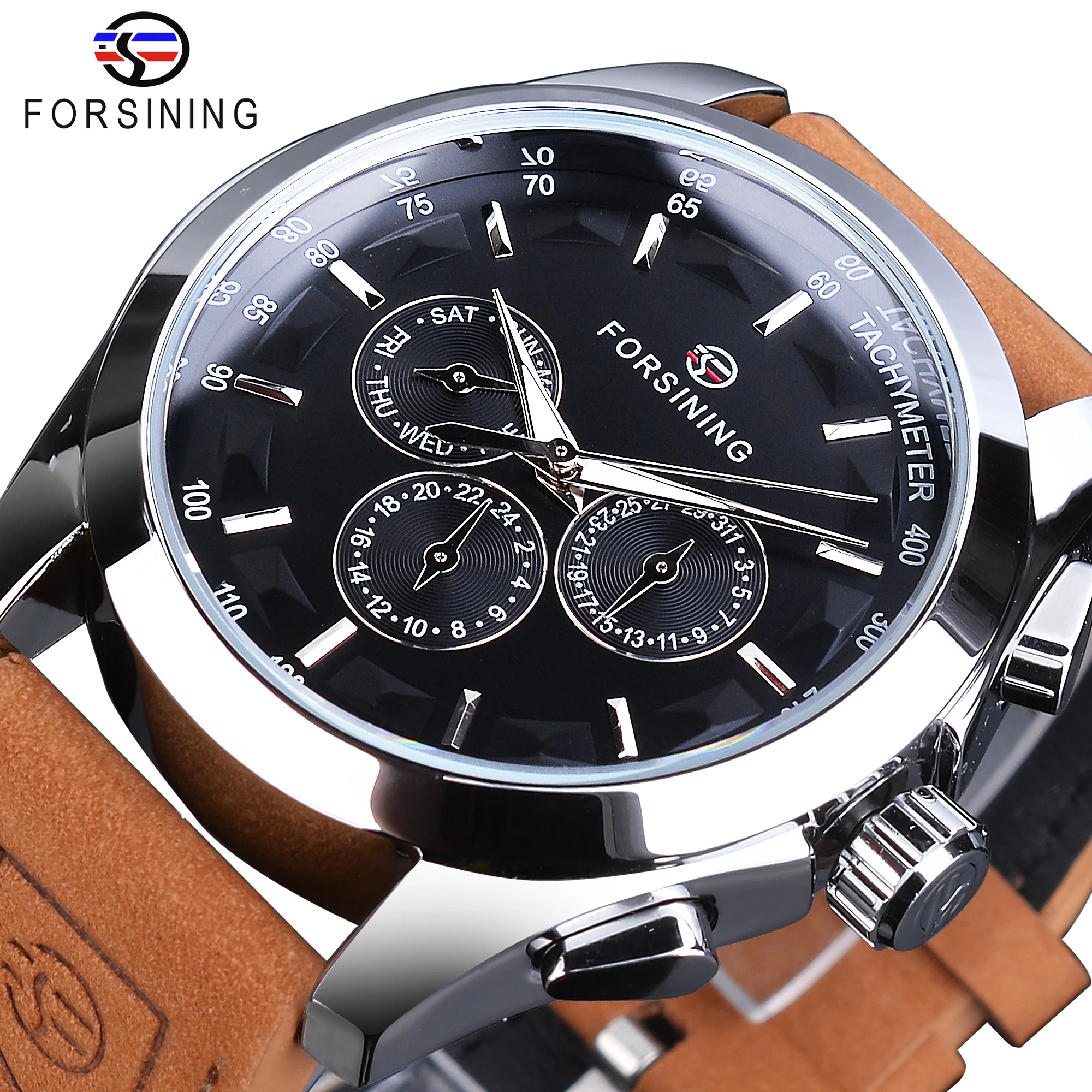 Forsining-Reloj automático de 3 esferas para hombre, cronógrafo mecánico con pantalla de calendario negro, luminoso, de pulsera, a la moda